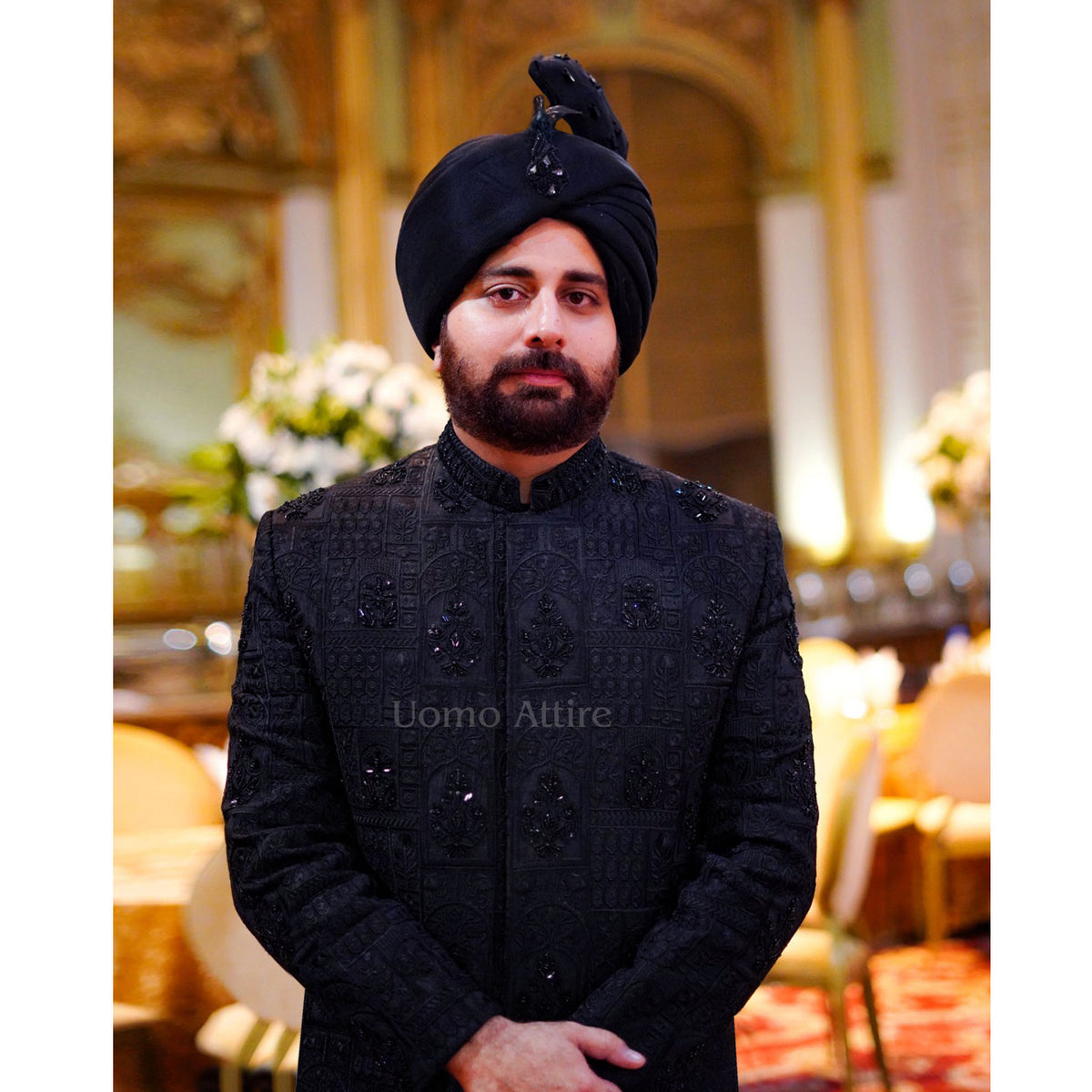 Black velvet sherwani for groom sale