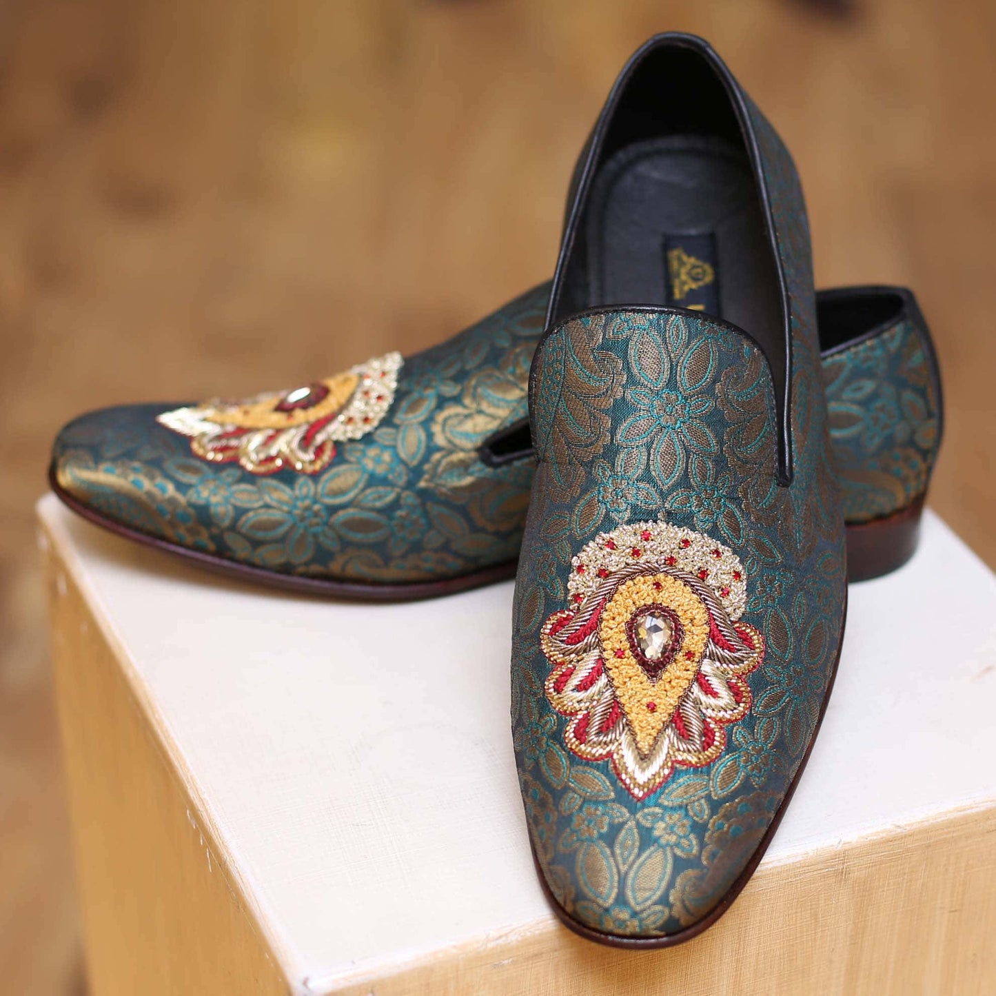 Indian imported jamawar prince coat for wedding with same fabric shoes