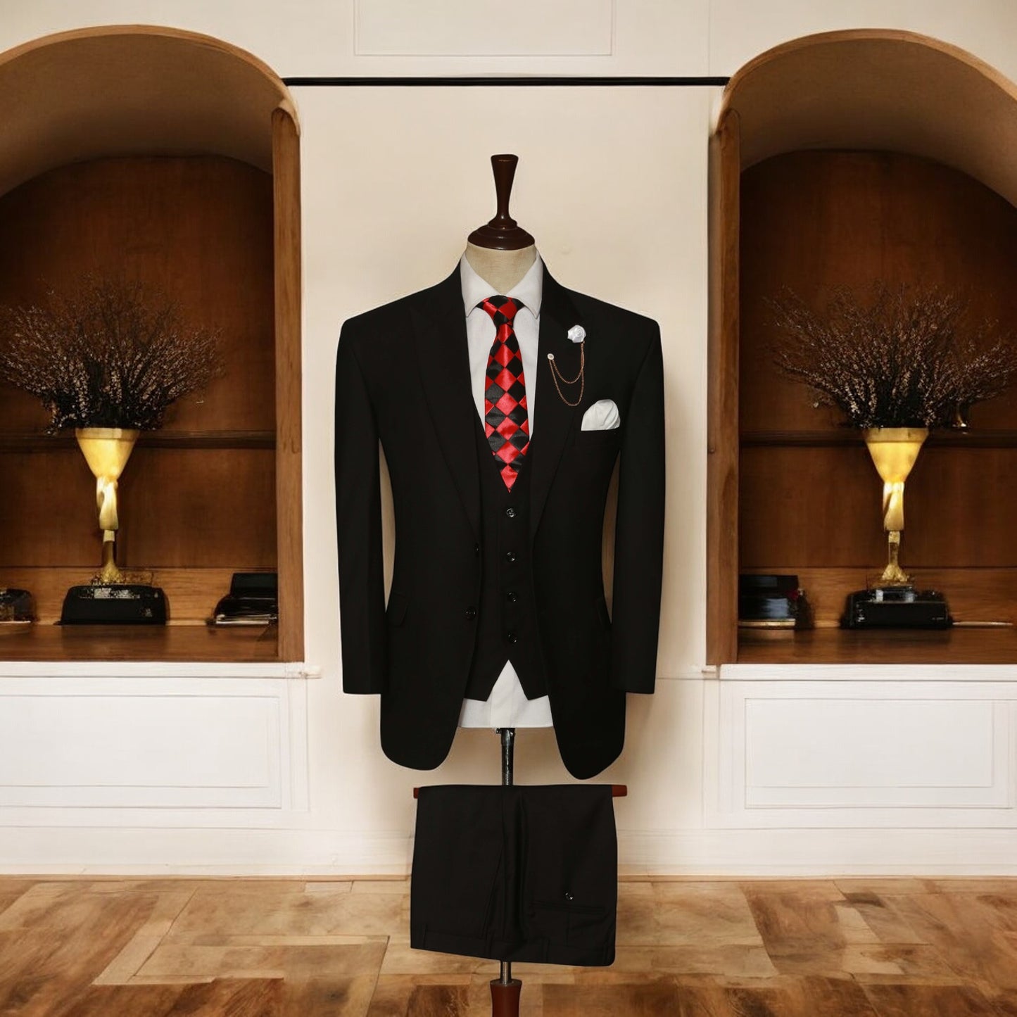 Jet Black Custom Made Italian Fabric 3 Piece Suit with Shirt and Tie