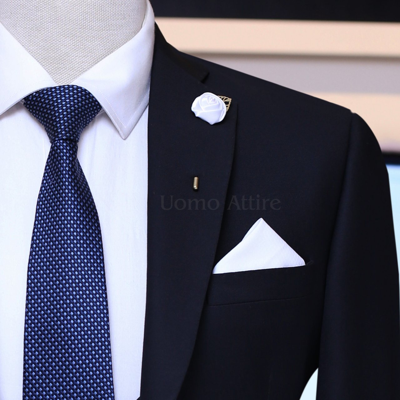 Jet Black Wedding Suit with formal Tie and Pocket Square