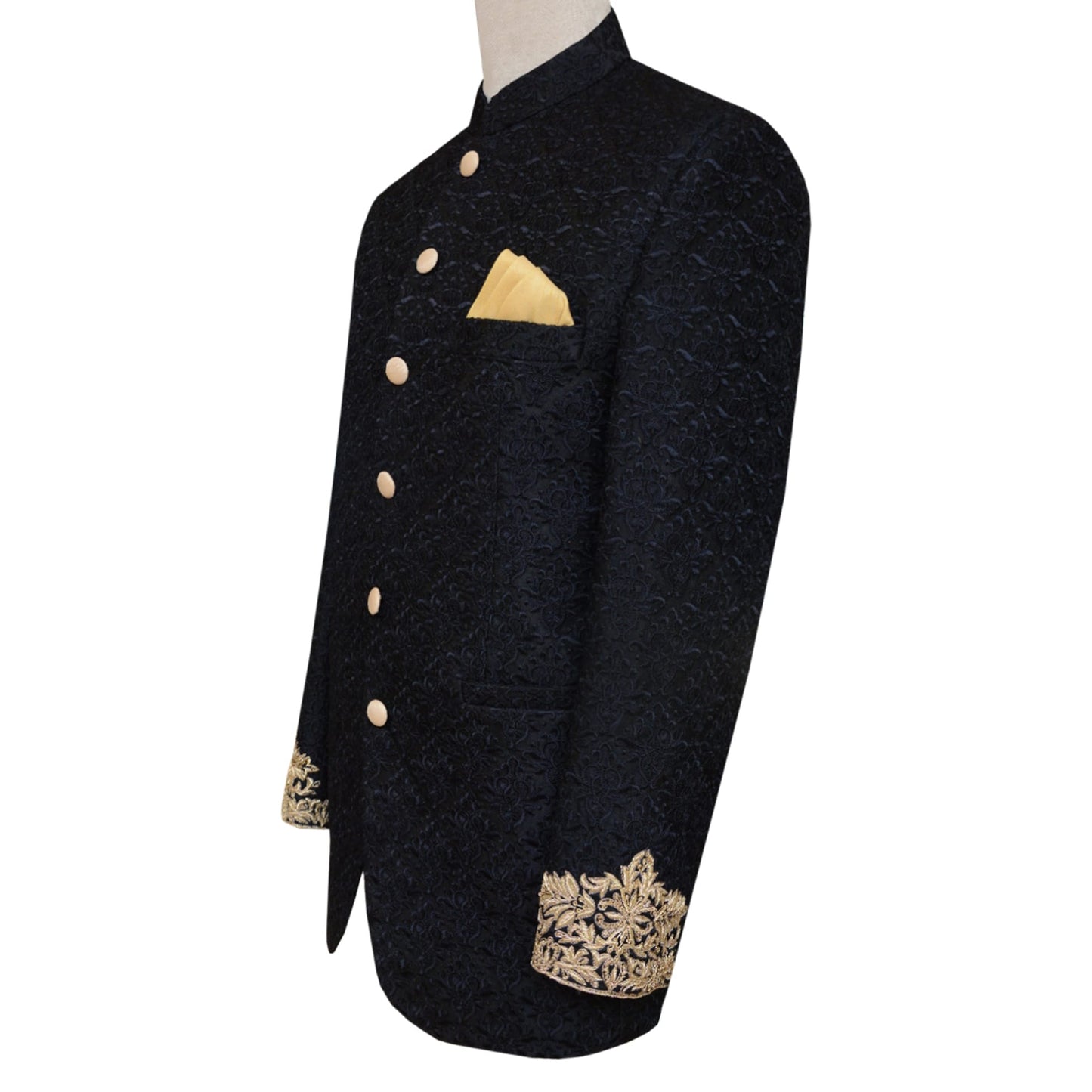 Jet black luxury prince suit for groom and groomsmen side view 2