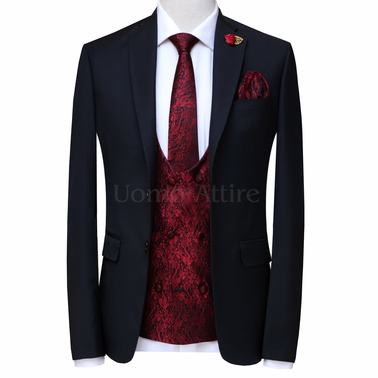 Black Wedding Suit for Men with Jamawar Vest in USA