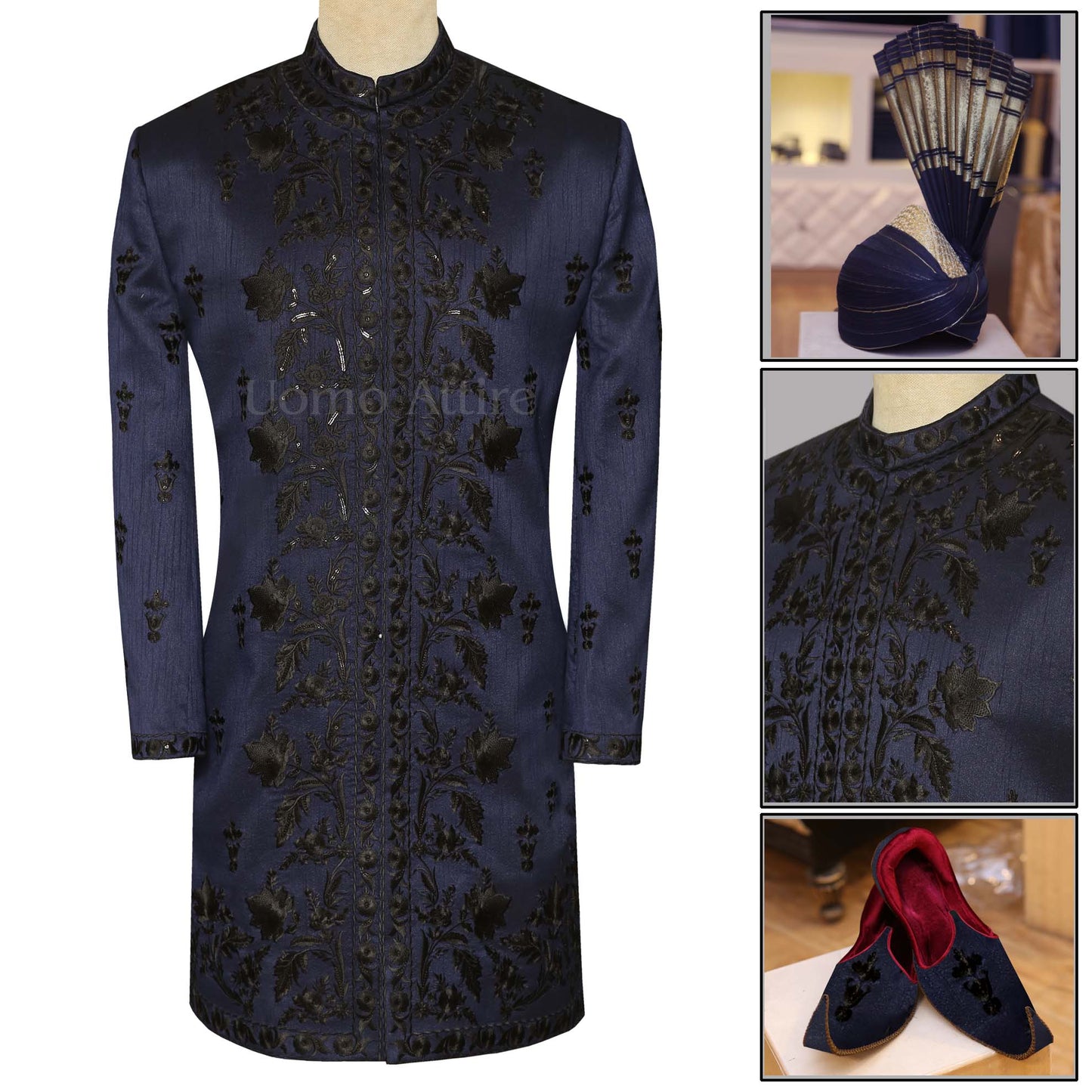 Latest Mens Navy Blue Wedding Sherwani for Groom. Complete Groom Package