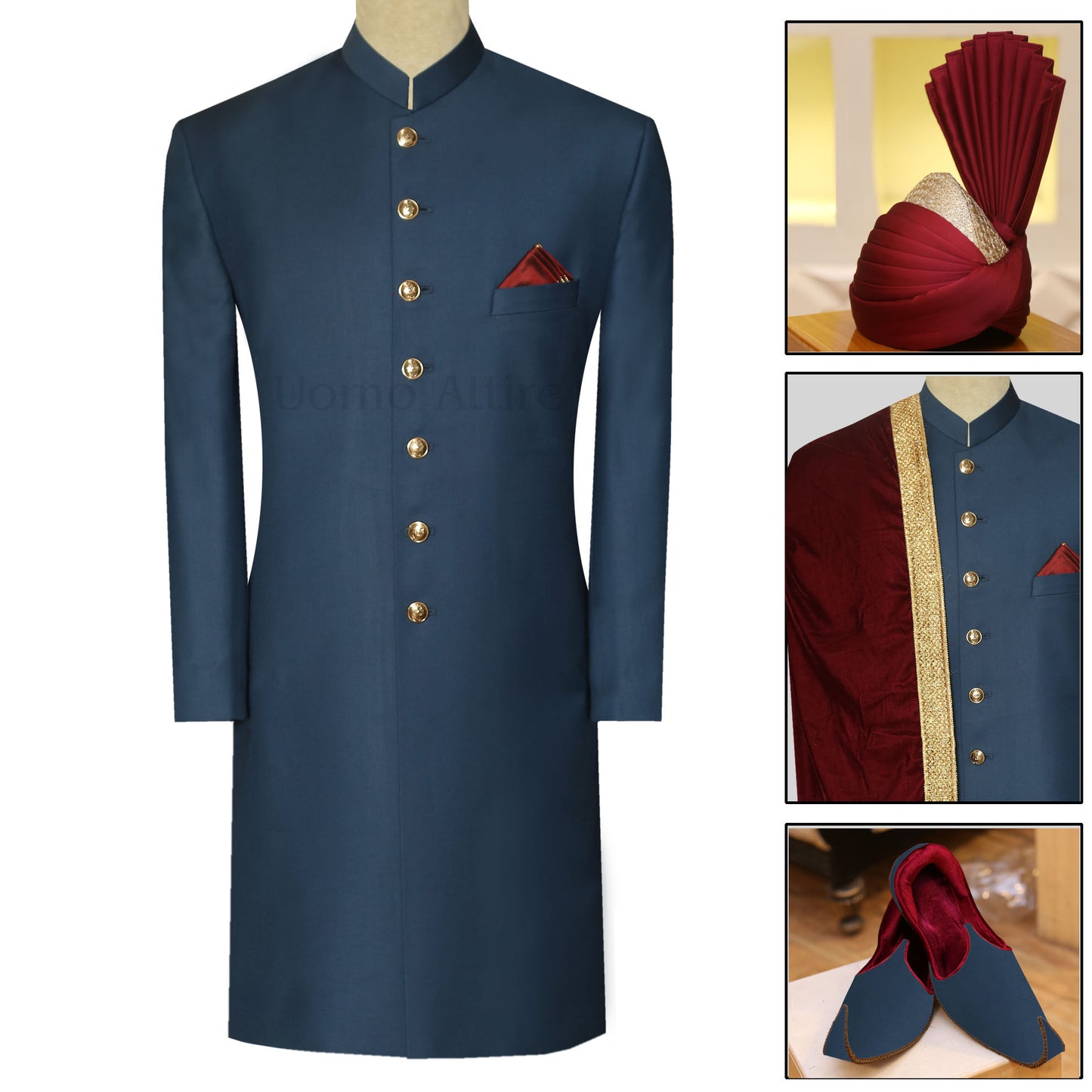 Lightweight Blue Sherwani for Groom and Groomsmen with Maroon Shawl