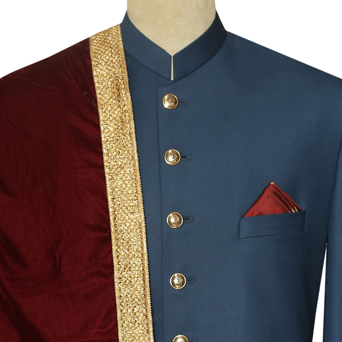 Lightweight Blue Sherwani for Groom and Groomsmen with Shawl and Pocket Square