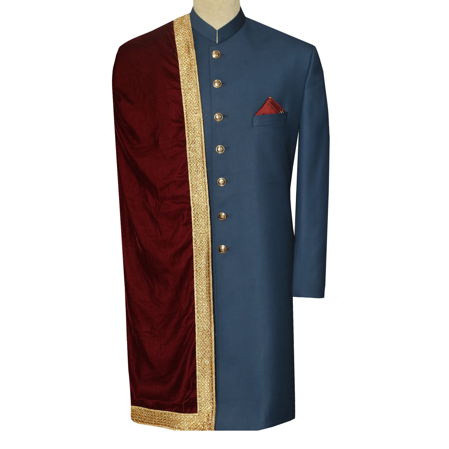 Lightweight Blue Sherwani for Groom and Groomsmen with Shawl