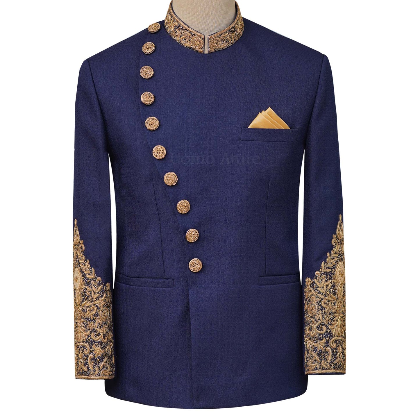 Luxurious golden embellished prince coat self designed | Navy blue prince coat for groom