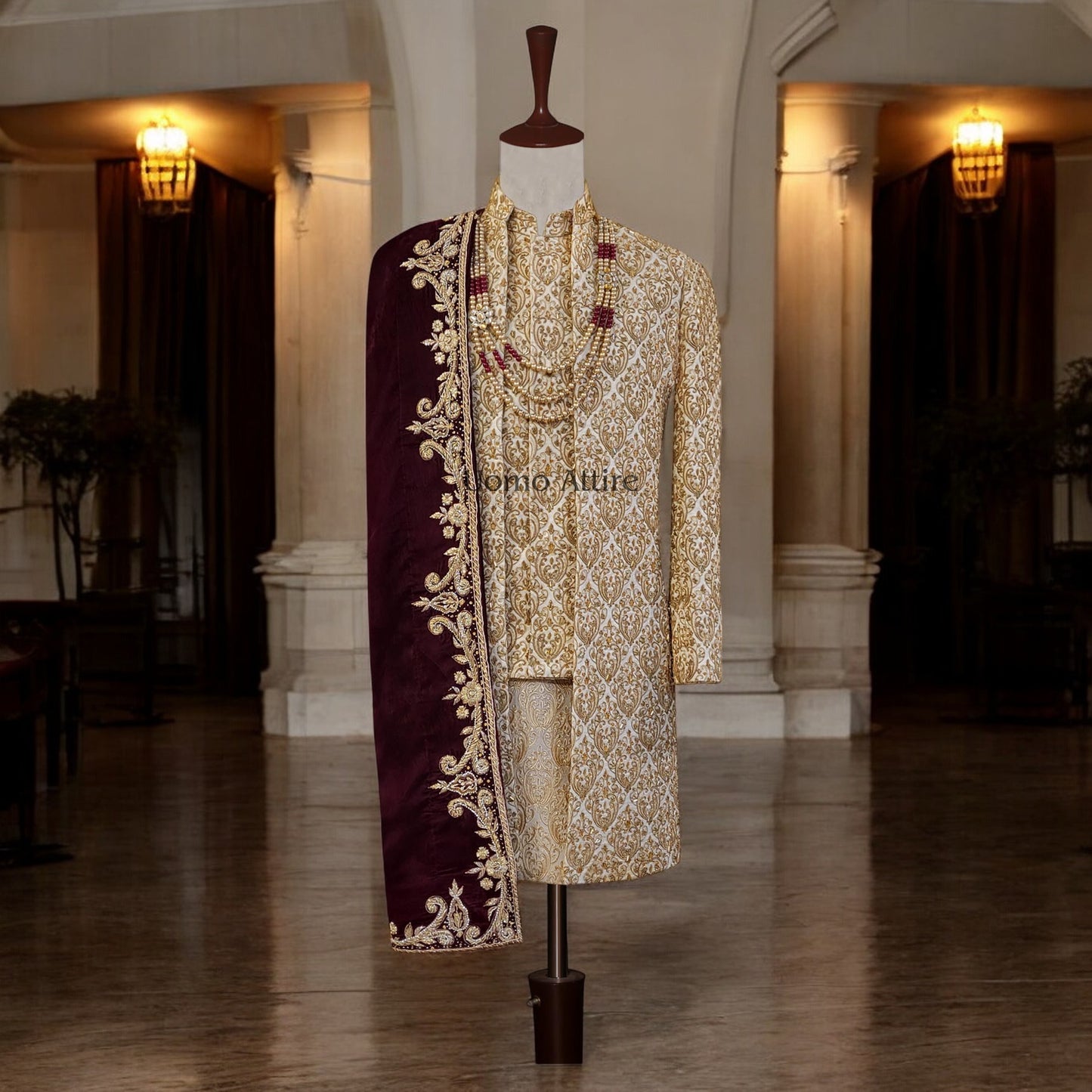 Luxury Open Front Golden Sherwani for Grooms | Embellished Wedding Outfit with Burgundy Shawl