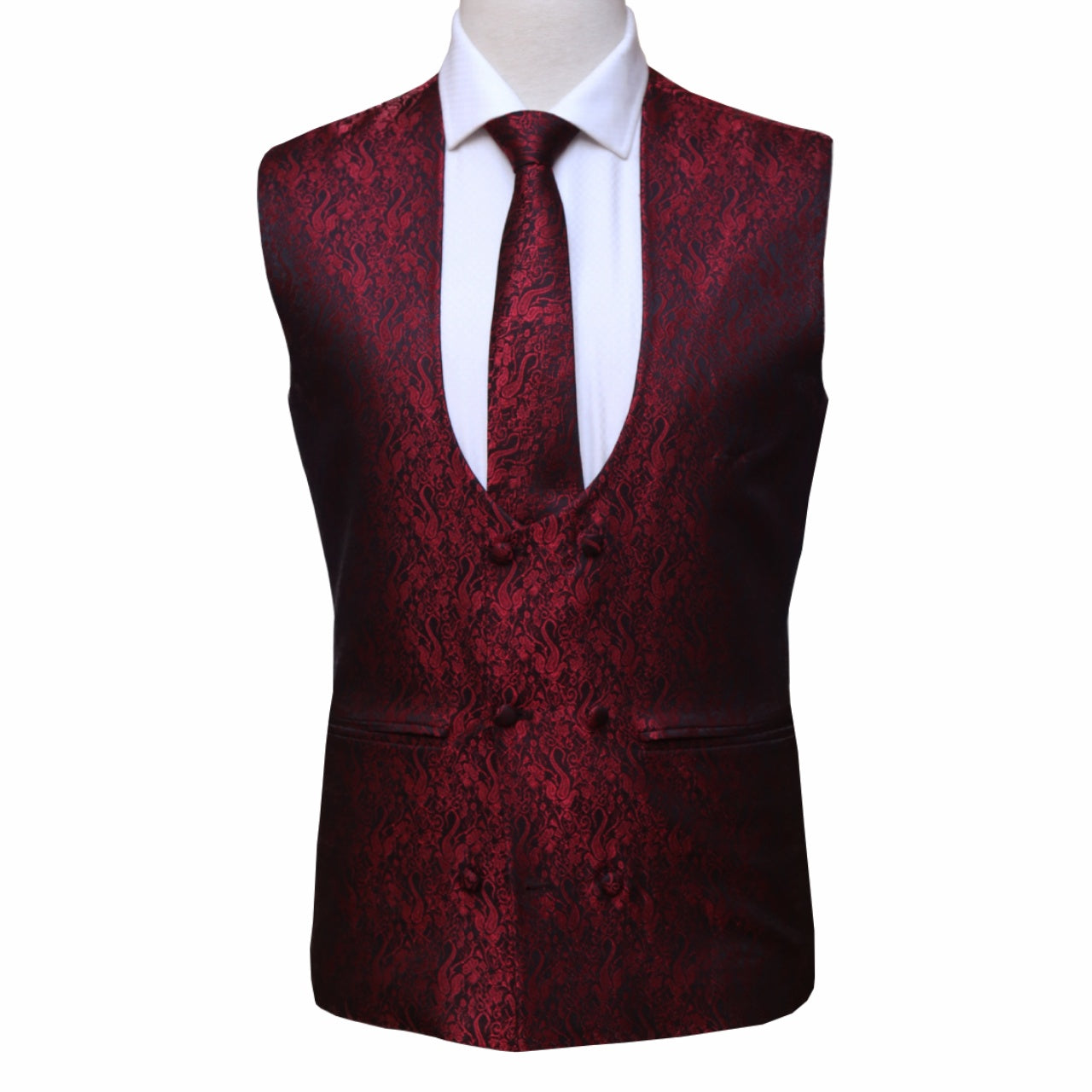 Maroon Jamawar Vest for Black Wedding Suit