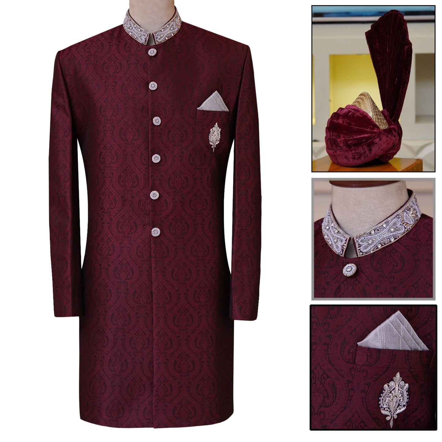 Maroon Self Textured Jamawar Wedding Sherwani For Groom