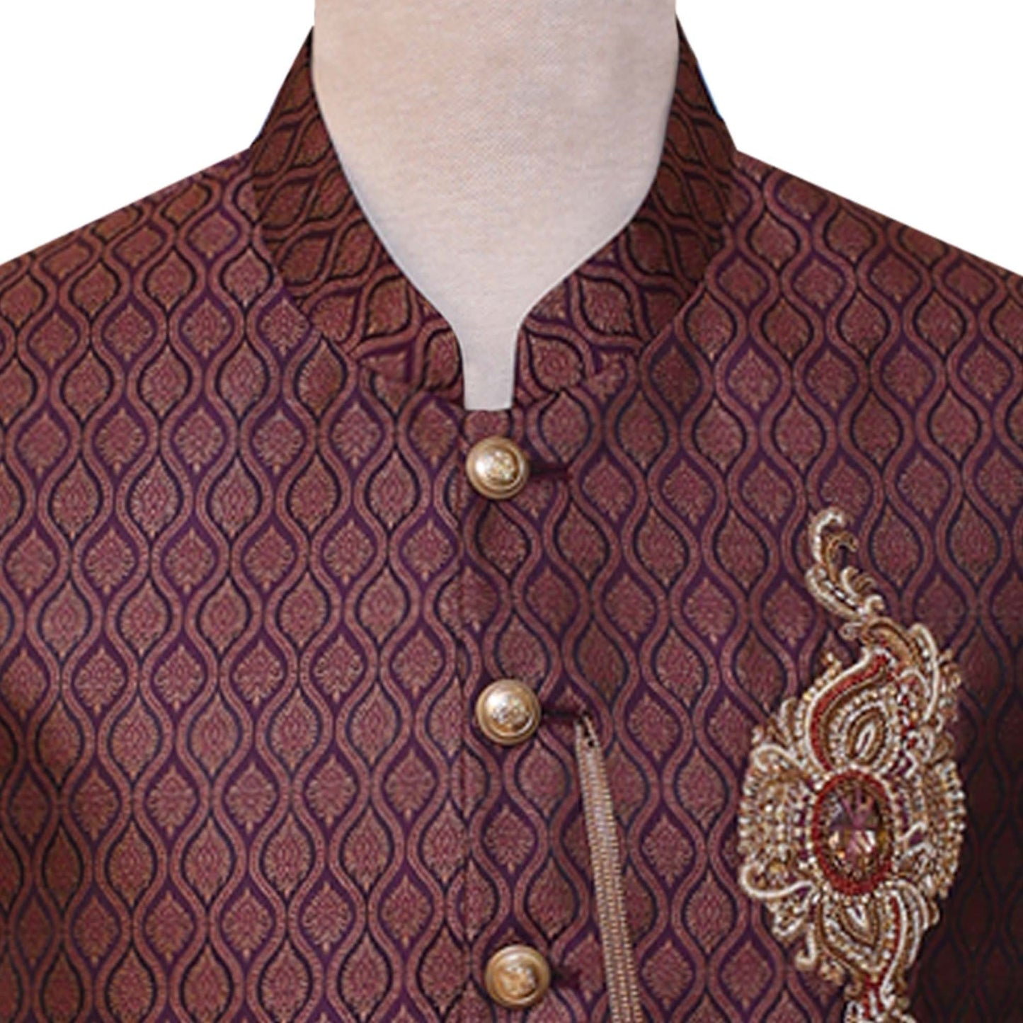 Maroon jamawar waistcoat with embellished motif 3