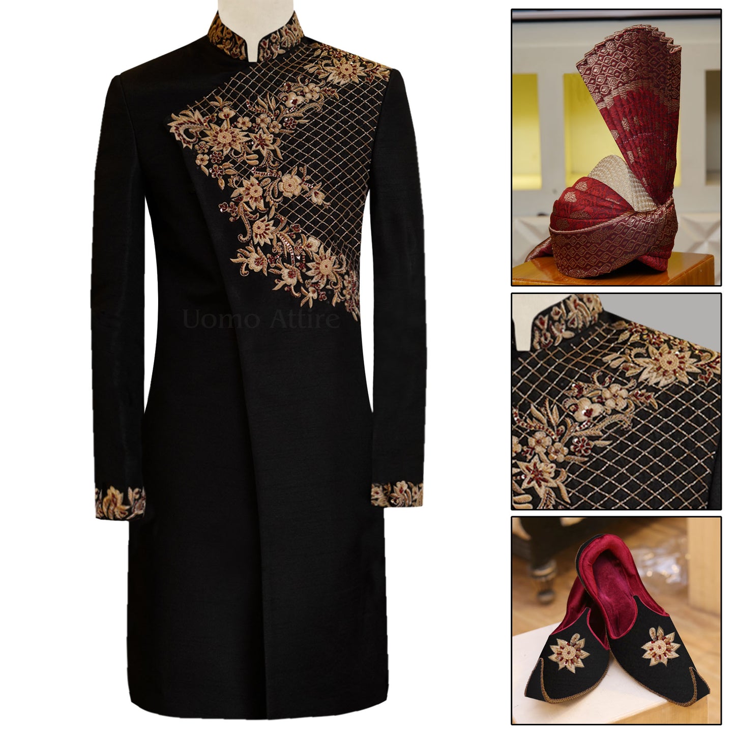 Men's Black Wedding Sherwani For Groom With Hand Jewelery