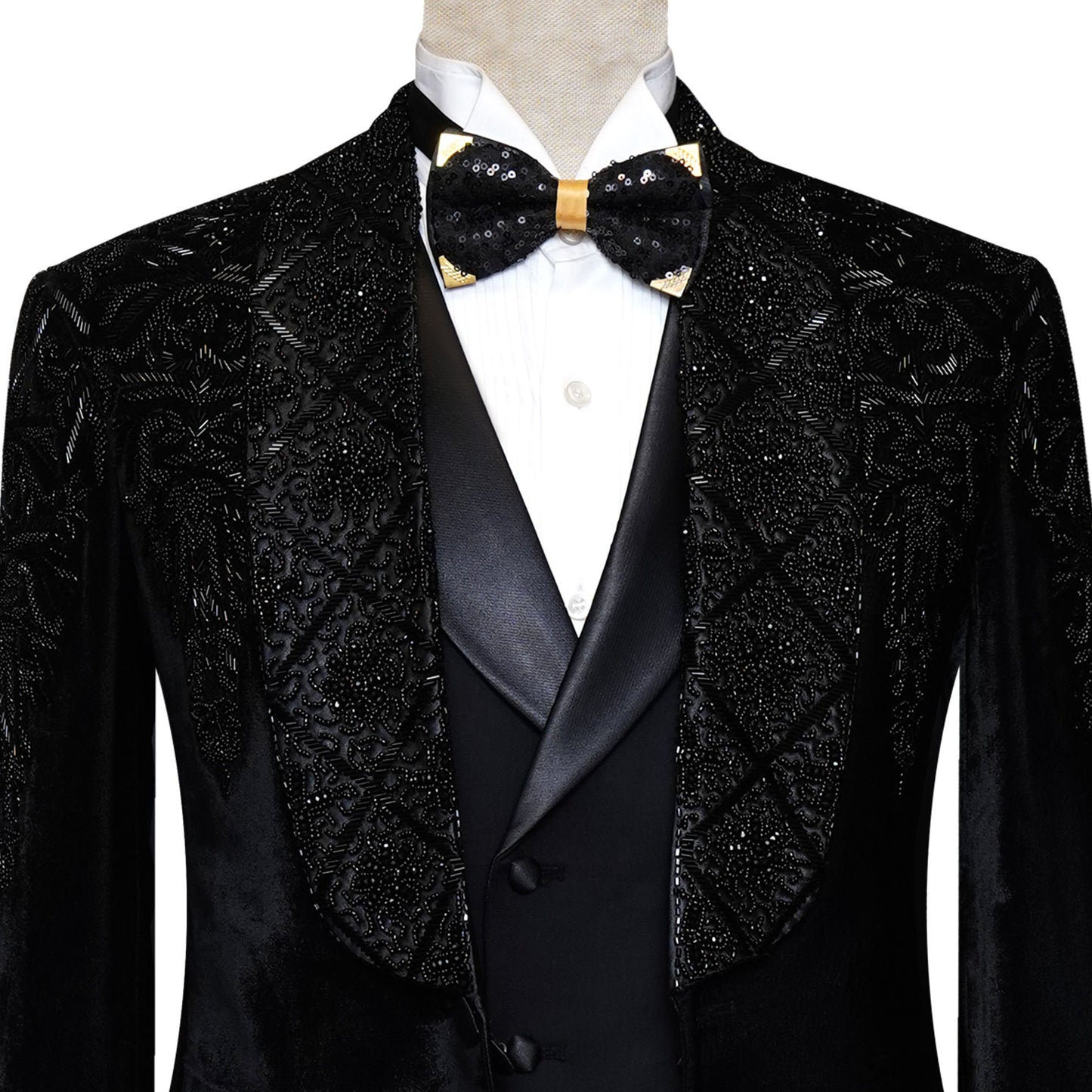 Men's Luxury Bespoke Embellished Black Velvet Tuxedo 3 Piece Suit 3
