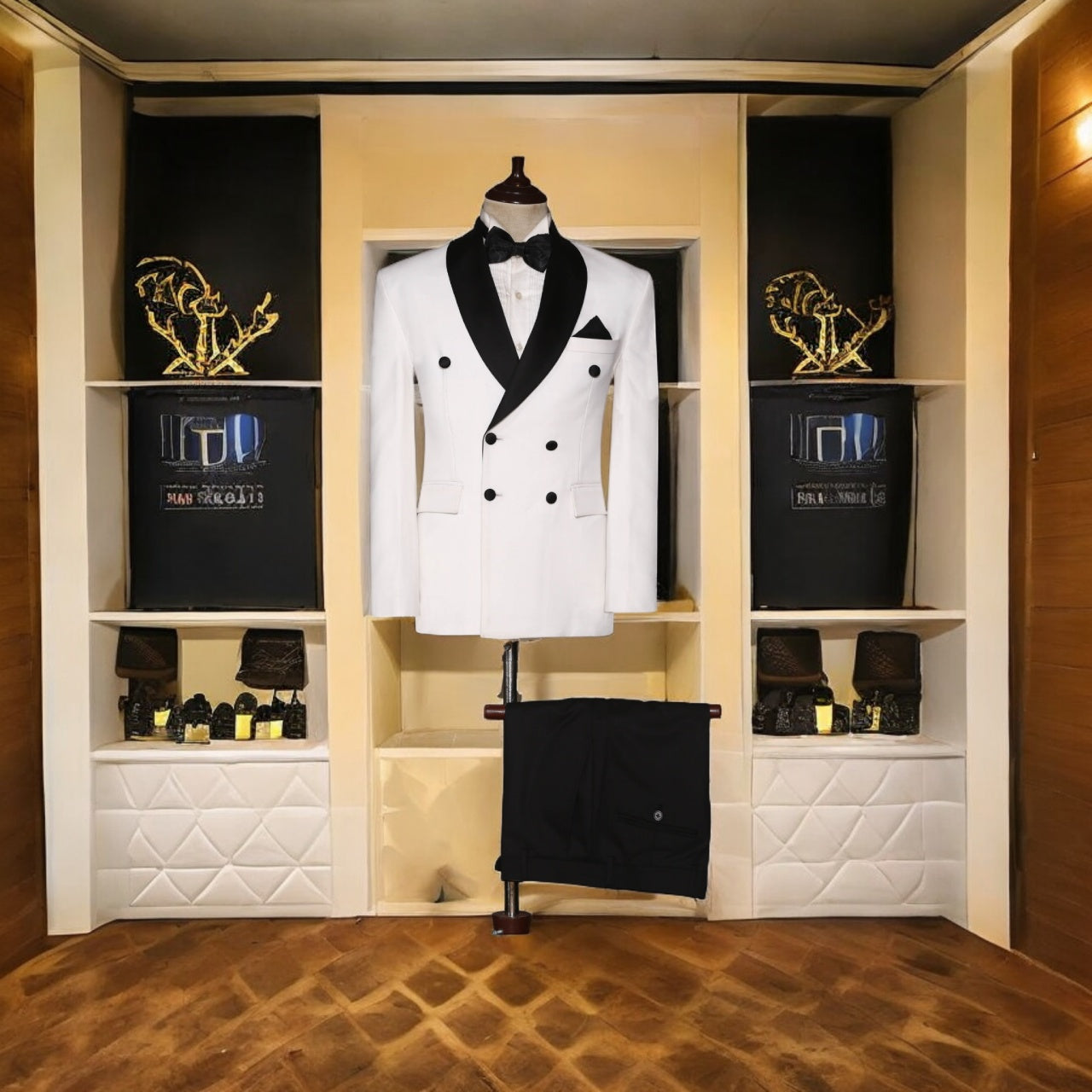 Men's White Double Breasted 2 Piece Suit with Shirt and Tie