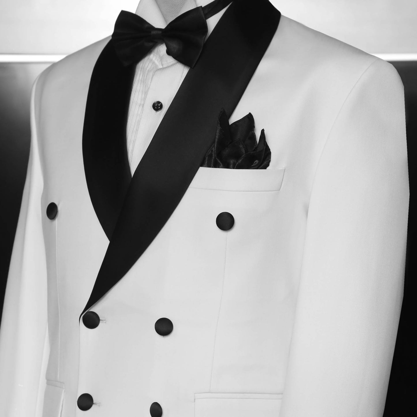Men's White Double Breasted 2 Piece Suit with Black Satin Shawl