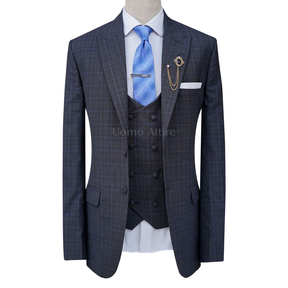 Mini Glen Checkered Bespoke Pure Wool Men Grey Suit | 3 Piece Suit