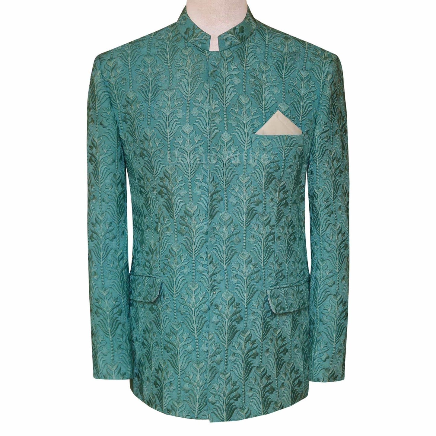 Mint green fully embroidered fabric prince coat  | Prince Coat for Wedding