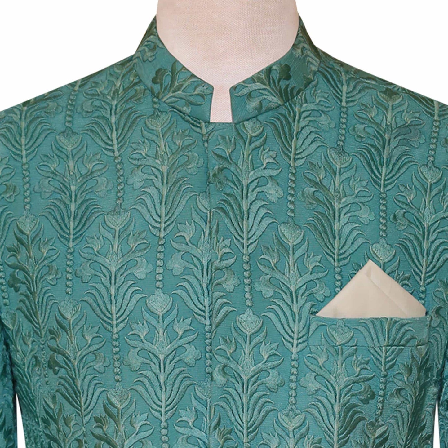 Mint green fully embroidered fabric prince coat  | Prince Coat for Wedding 3