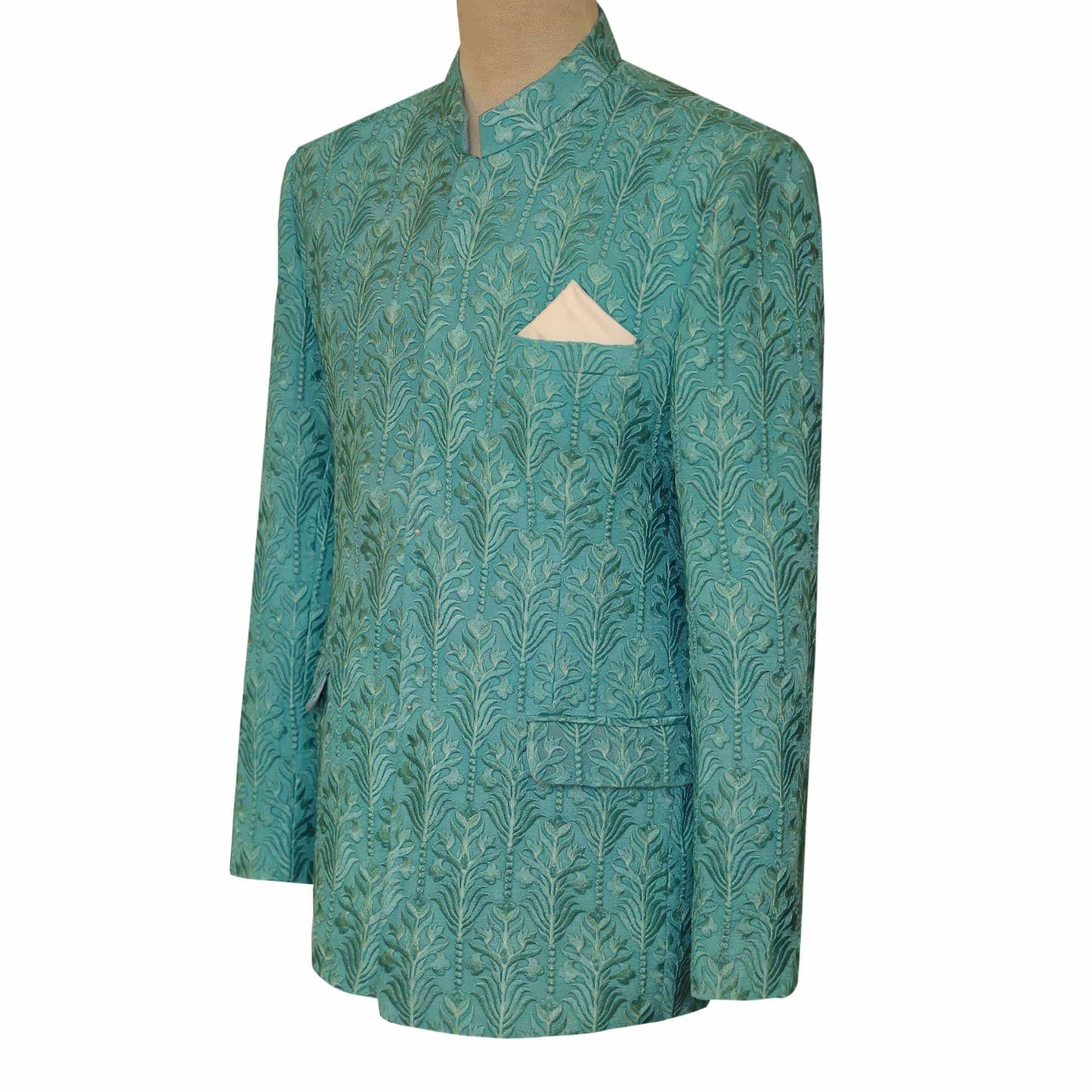 Mint green fully embroidered fabric prince coat  | Prince Coat for Wedding 2