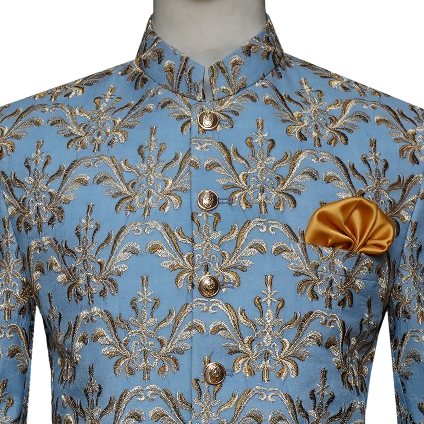 Multicolor Embroidered Ice Blue Bespoke Prince Suit with Pocket Square