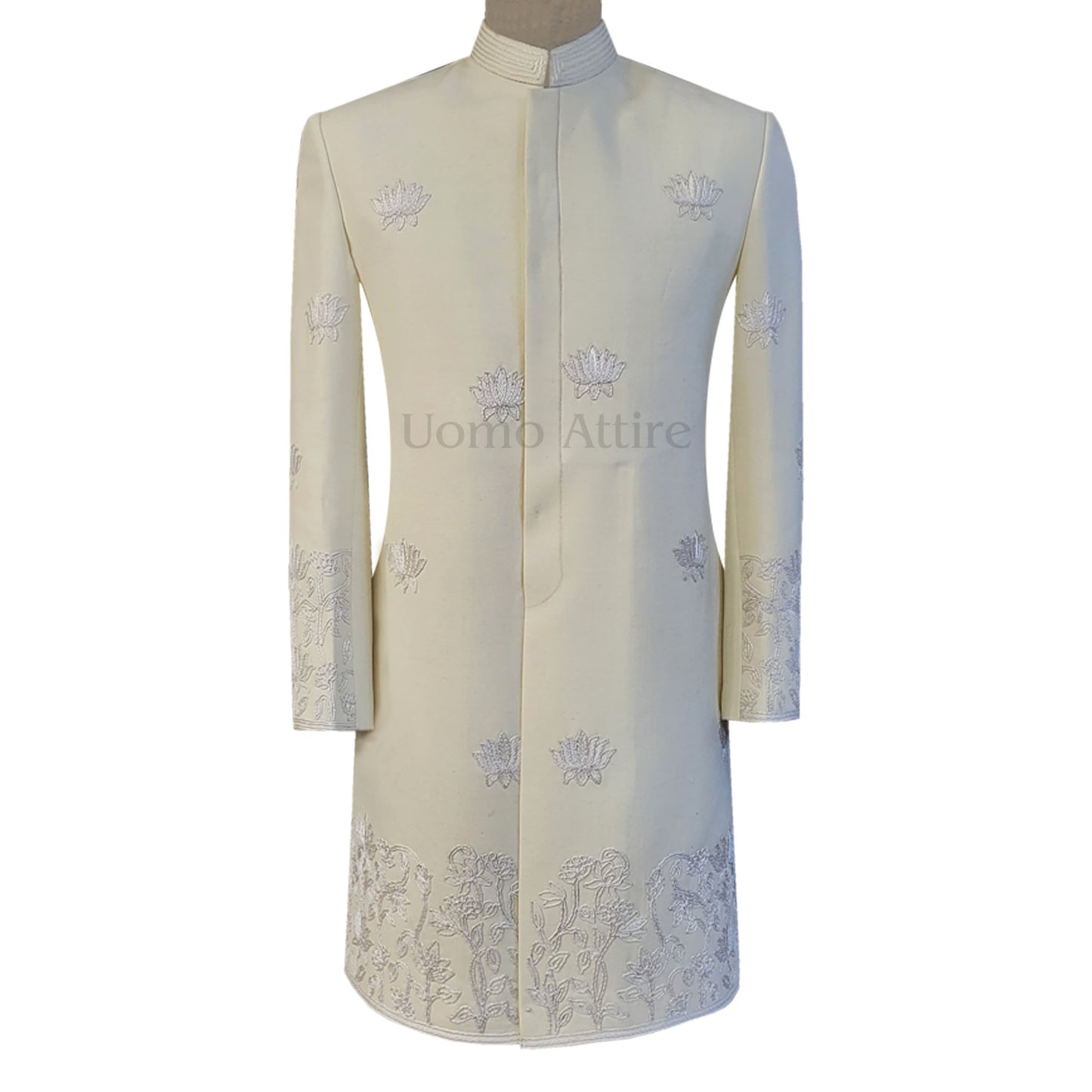 Off White Karandi Silk Groom Sherwani