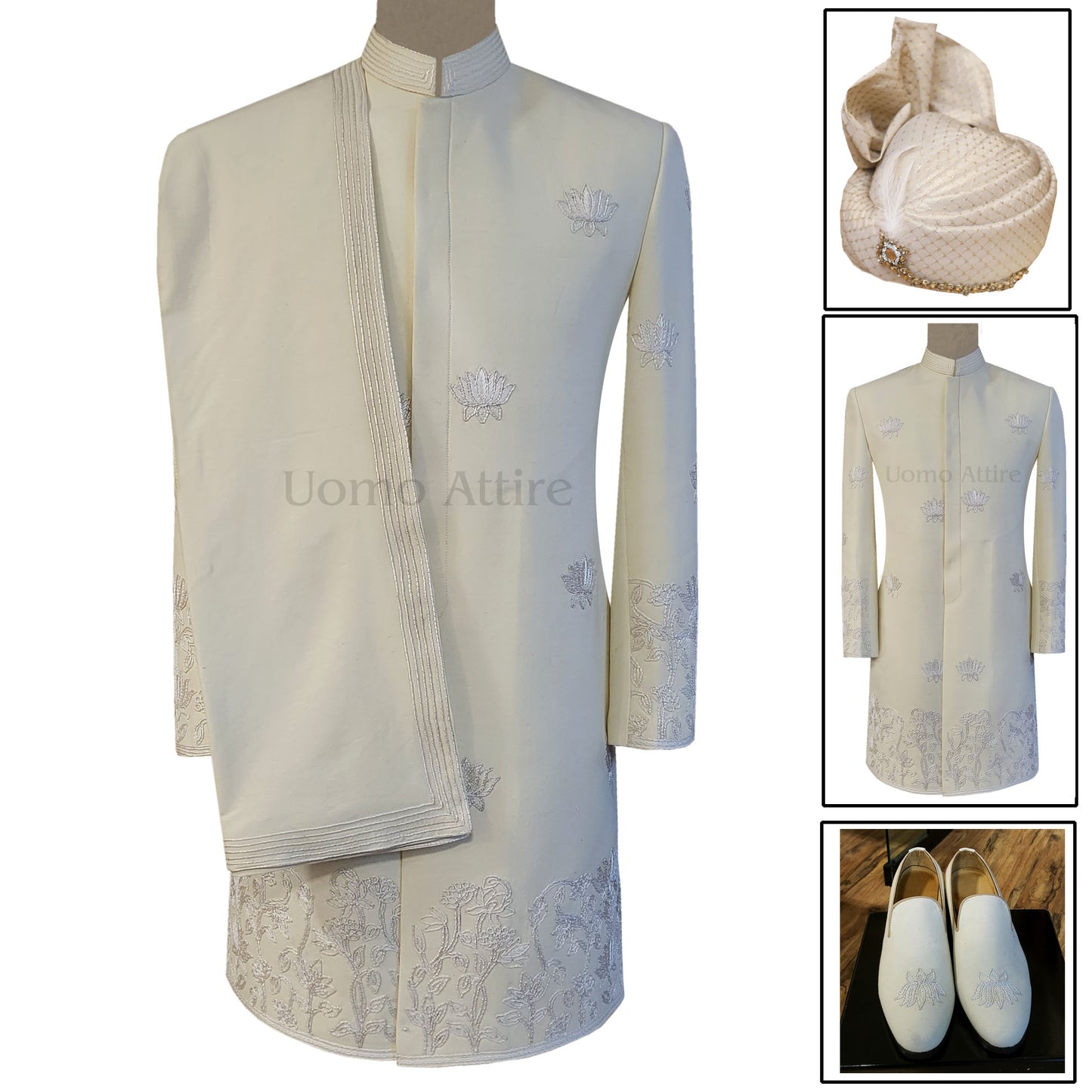 Off White Karandi Silk Groom Sherwani with Shoes, Turban, and Shawl