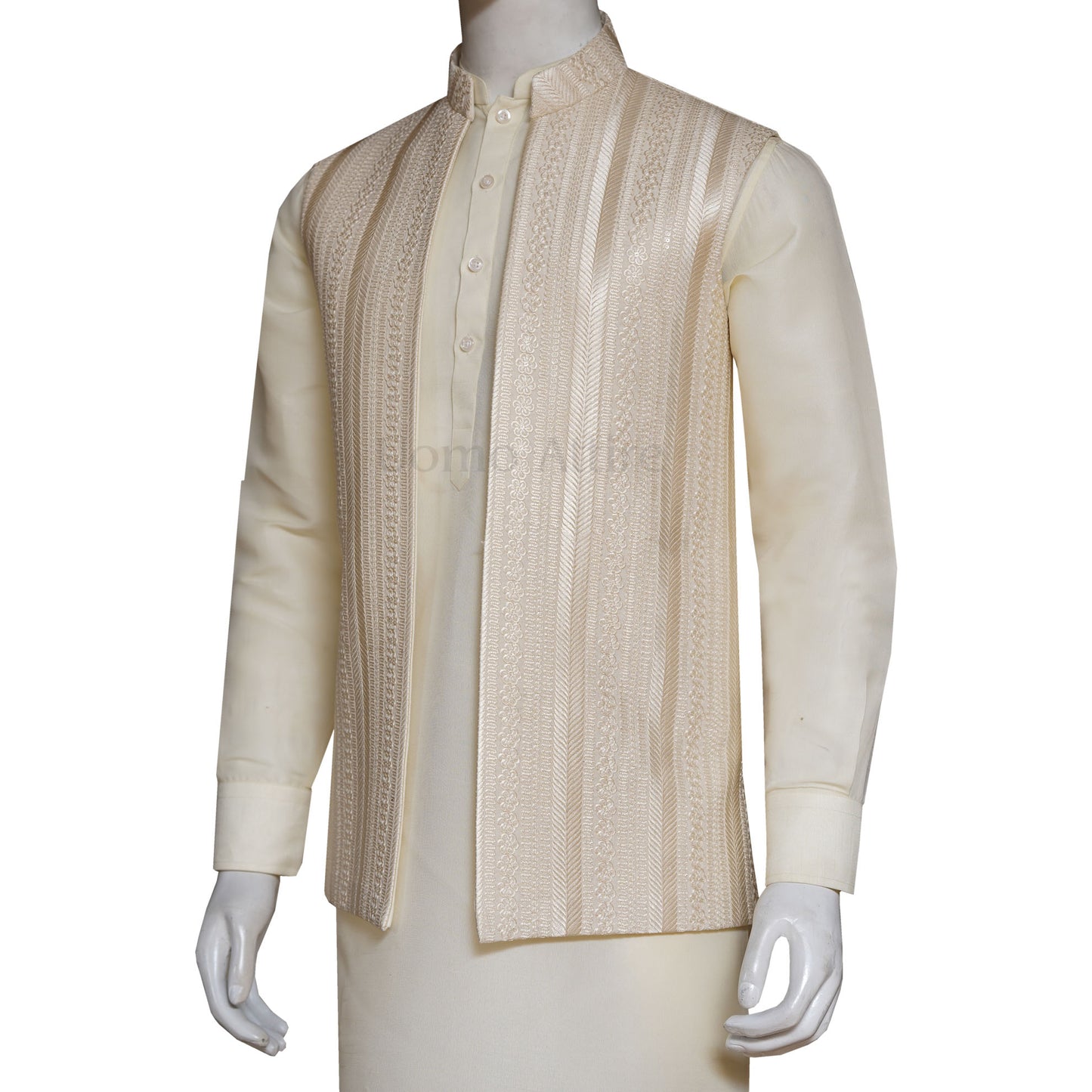 Open Front Beige Waistcoat with Contrast Embroidery | Groom Waistcoat