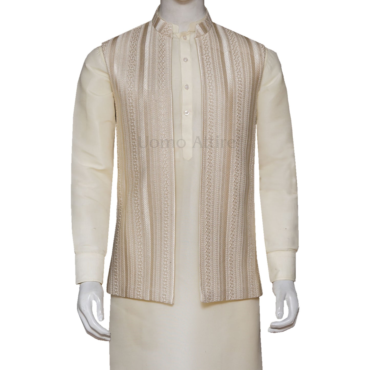 Open Front Beige Waistcoat with Contrast Embroidery | Groom Waistcoat