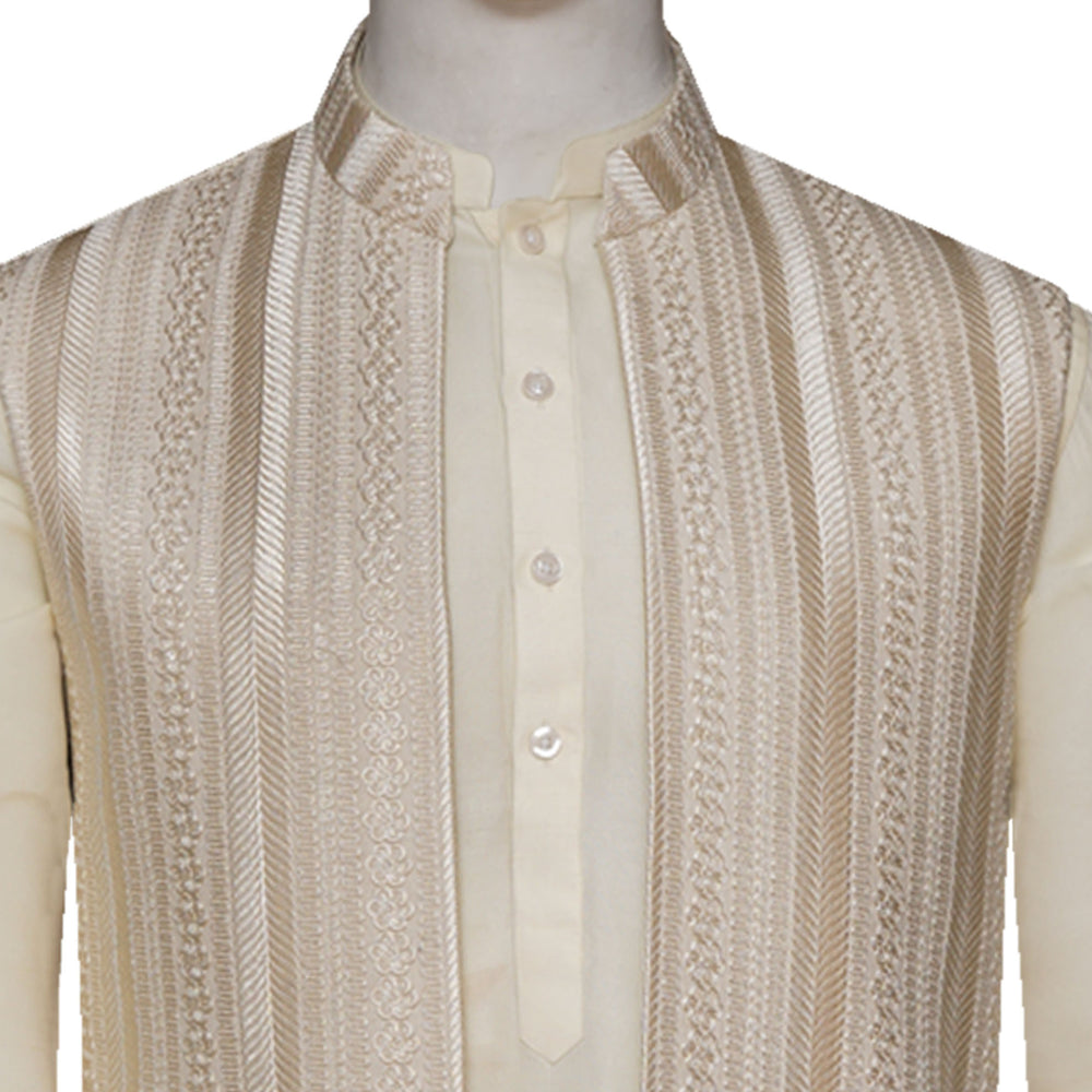 
                  
                    Open Front Beige Waistcoat with Contrast Embroidery | Groom Waistcoat
                  
                