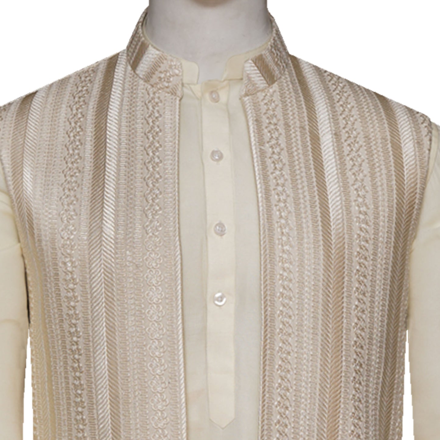 Open Front Beige Waistcoat with Contrast Embroidery | Groom Waistcoat