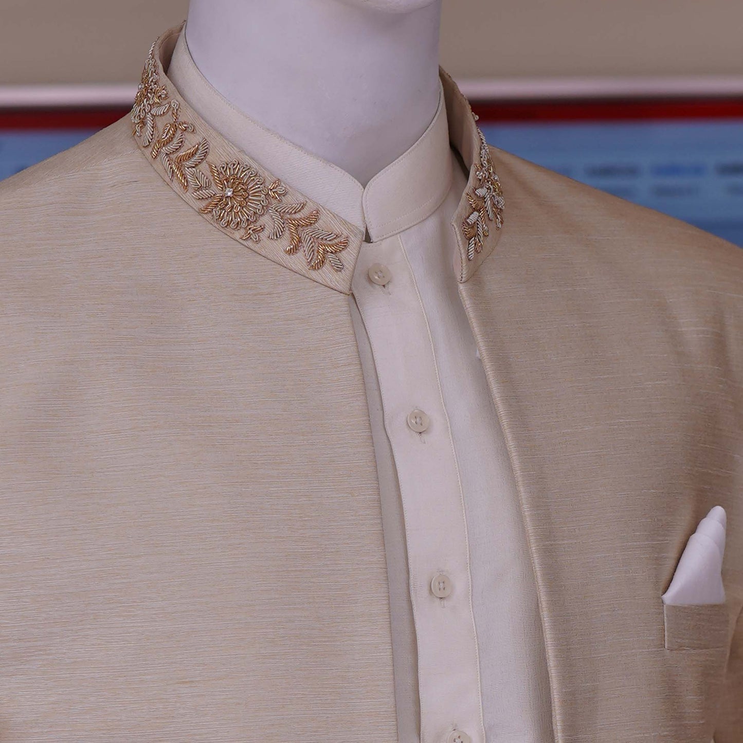 Golden Raw Silk Fabric Open Front Luxury Prince Coat | Prince Coat