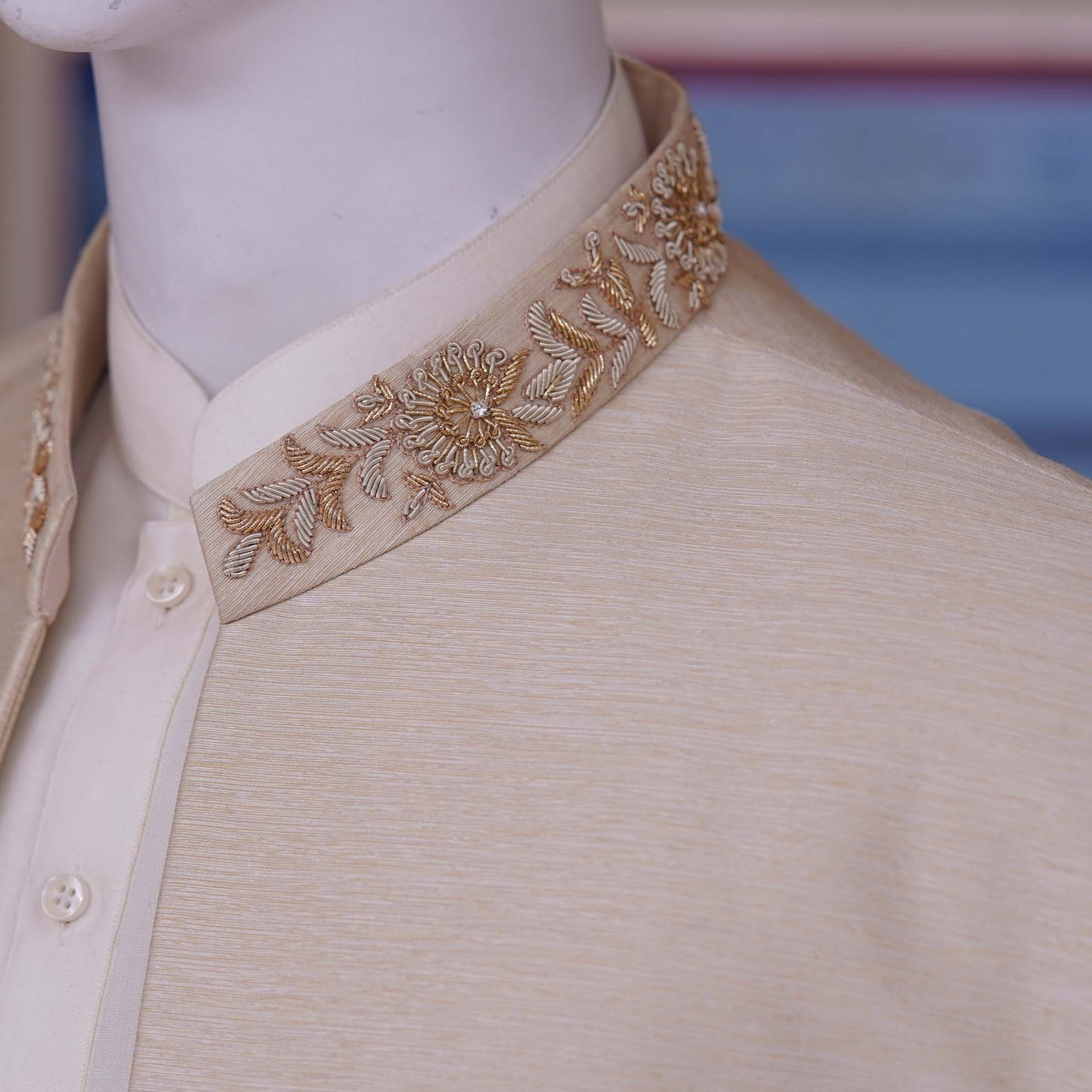 Golden Raw Silk Fabric Open Front Luxury Prince Coat | Prince Coat