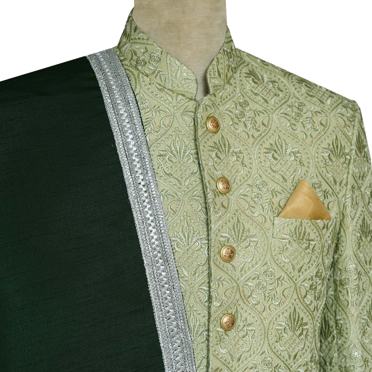 Pistachio Green Fully Embroidered Prince Coat for Men