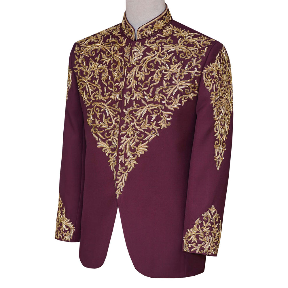 
                  
                    Premium quality fabric embellished maroon prince coat | Wedding Prince Coat for Groom 2
                  
                