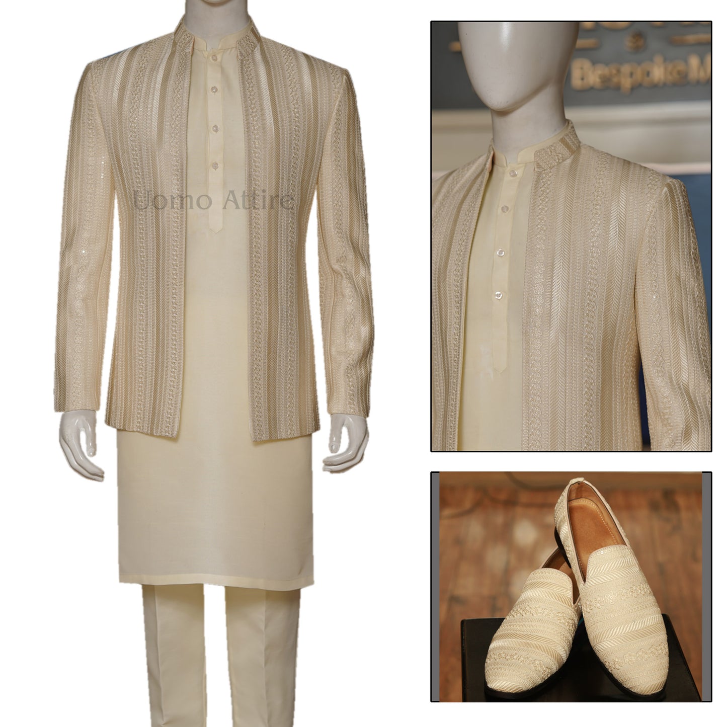 Beige and Ivory Embroidered Open Front Prince Coat | Prince Coat