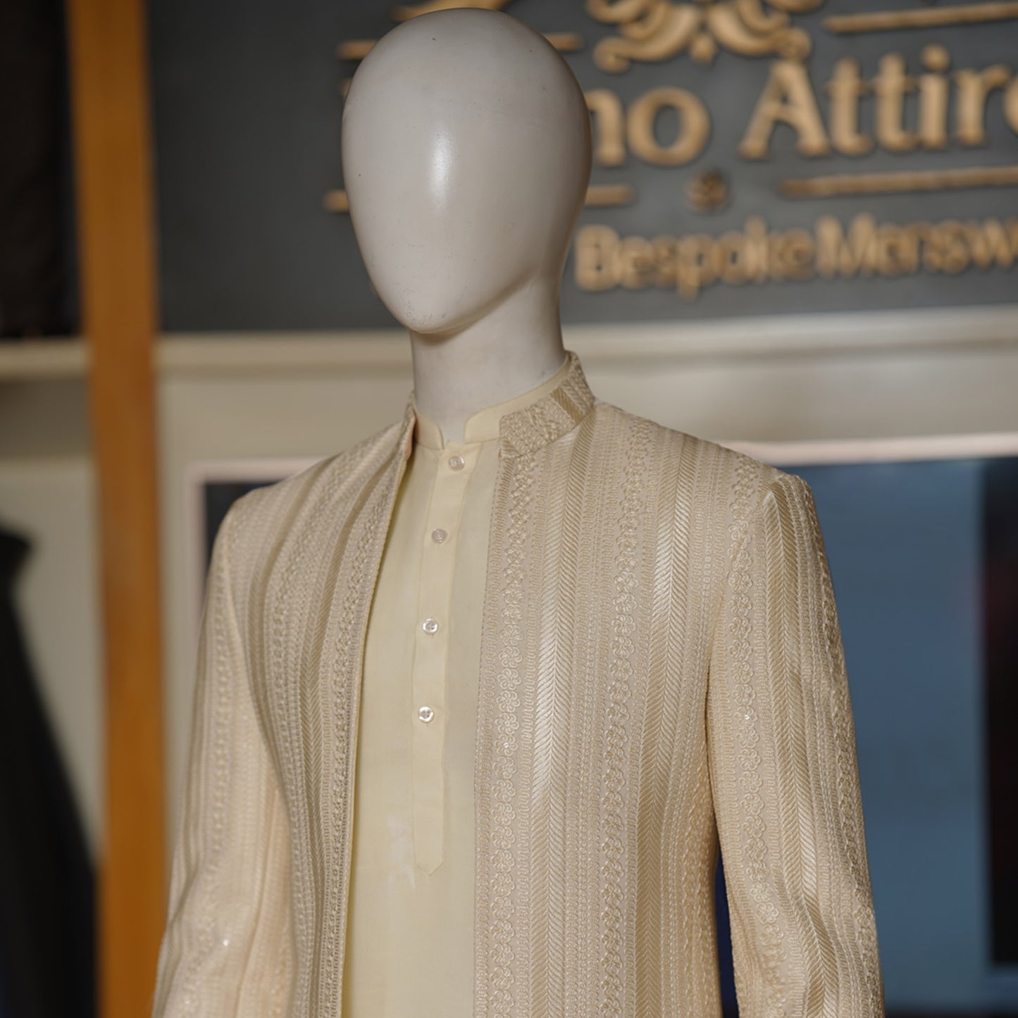Beige and Ivory Embroidered Open Front Prince Coat for Special Ocassions