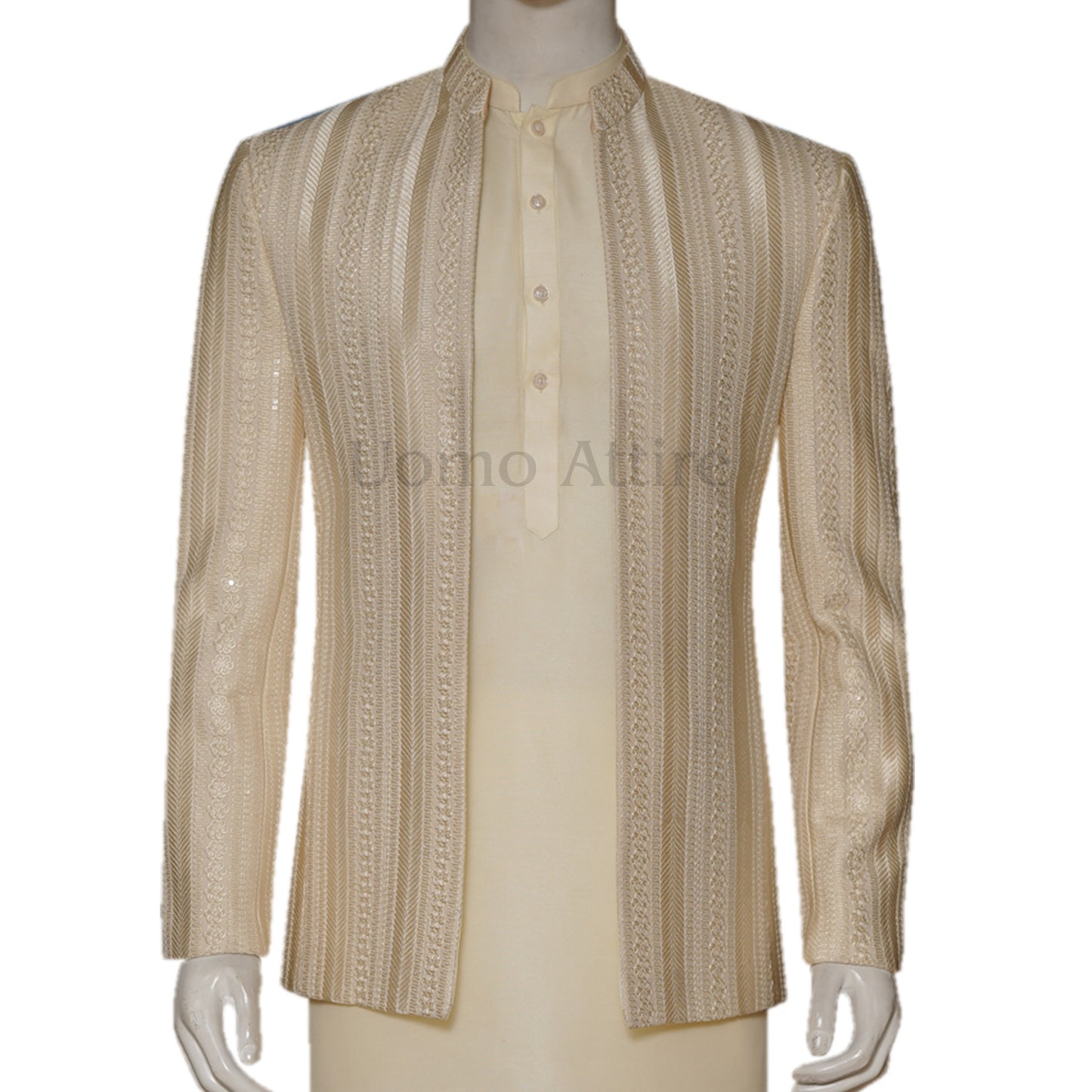 Beige and Ivory Embroidered Open Front Prince Coat with Kurta Pajama
