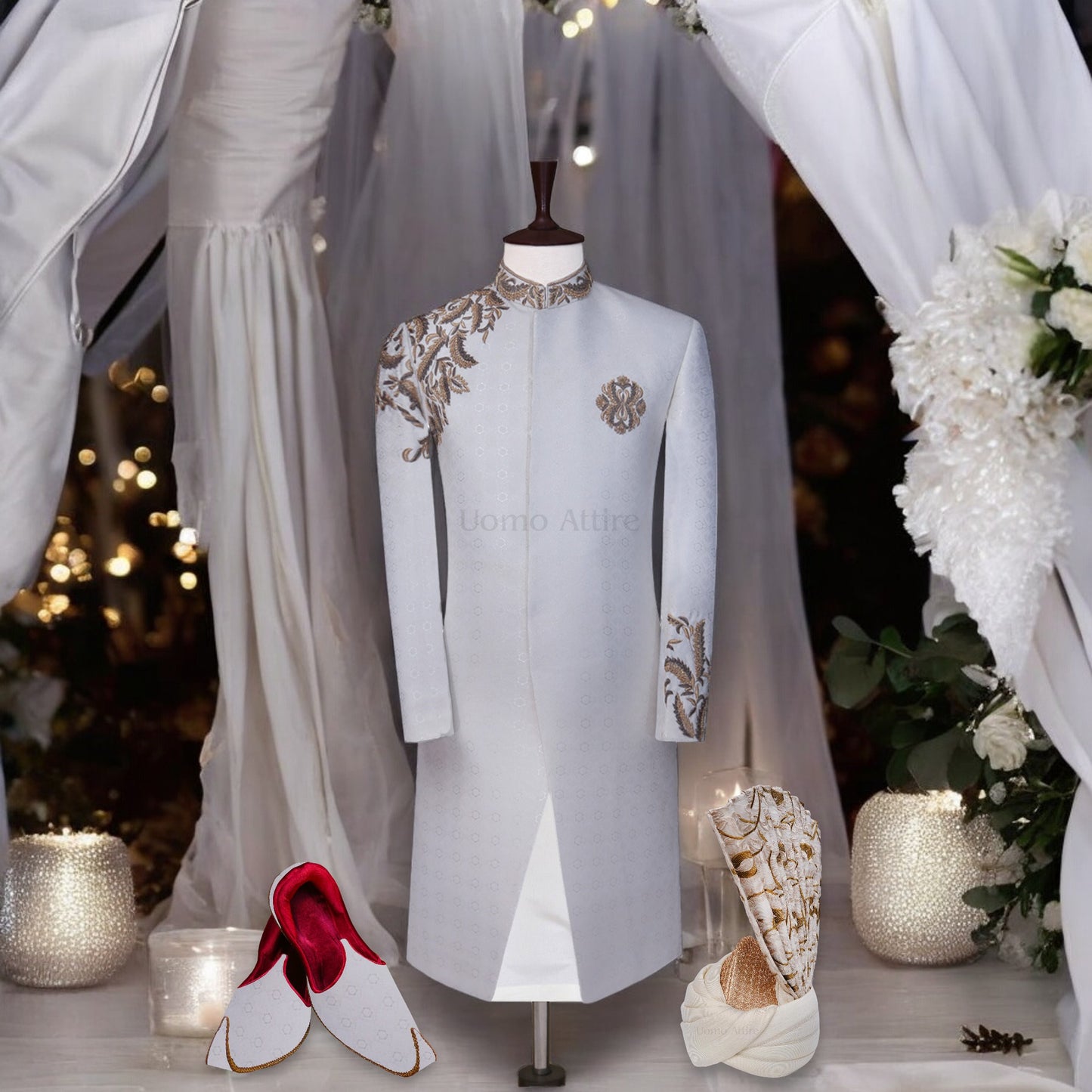 Pure Imported White Jamawar Wedding Sherwani for Groom