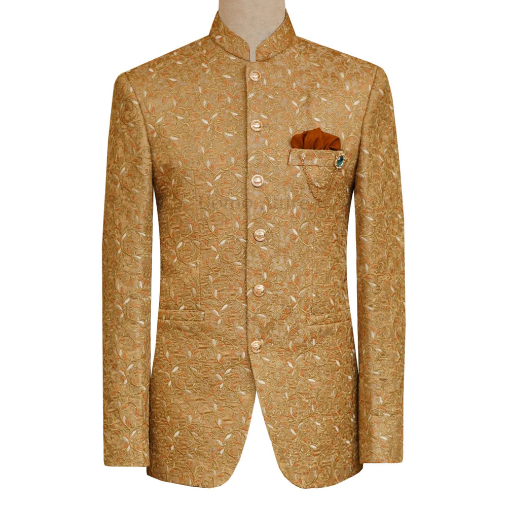 Rust color wedding prince coat with multicolor embroidery