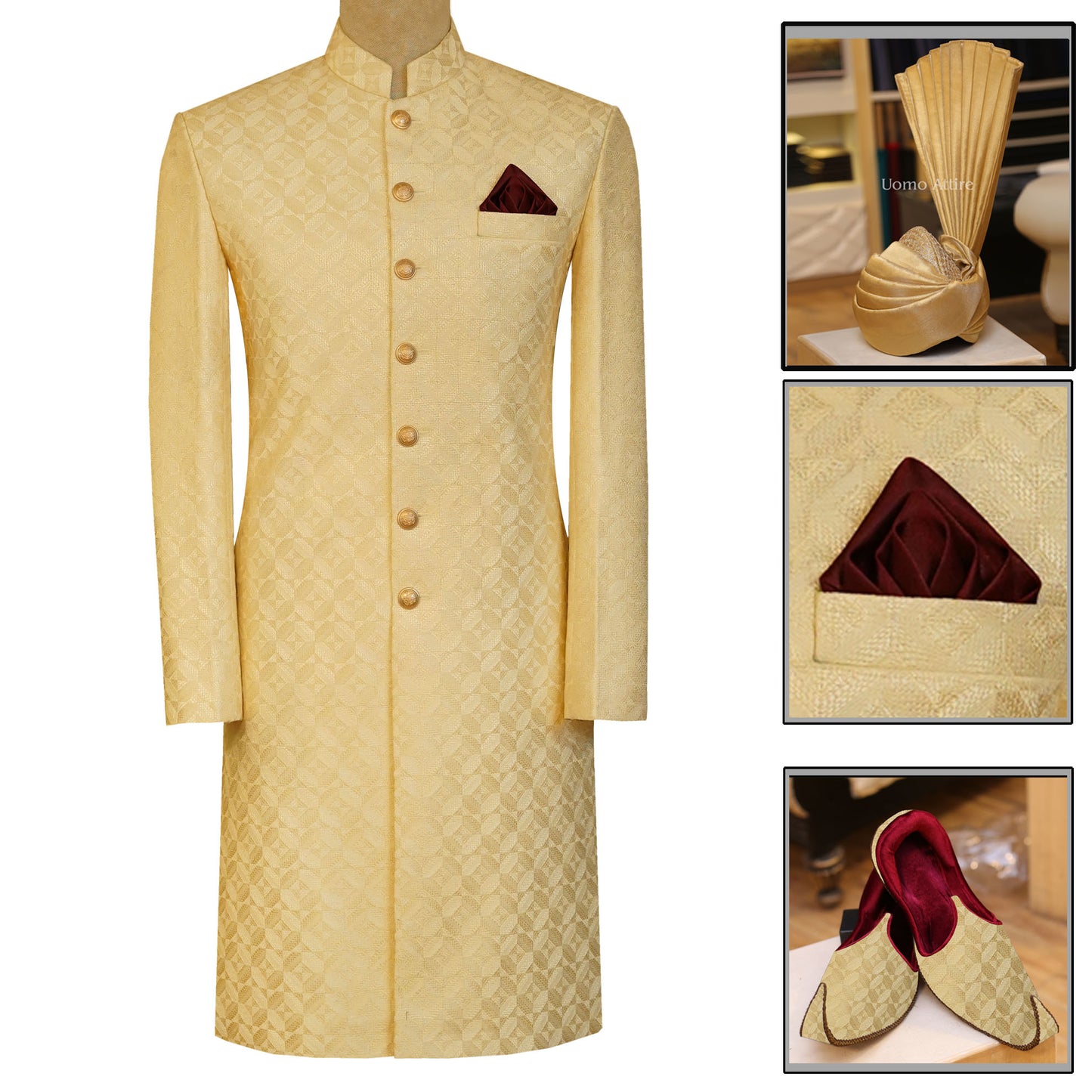 Self Design Golden Wedding Sherwani for Groom