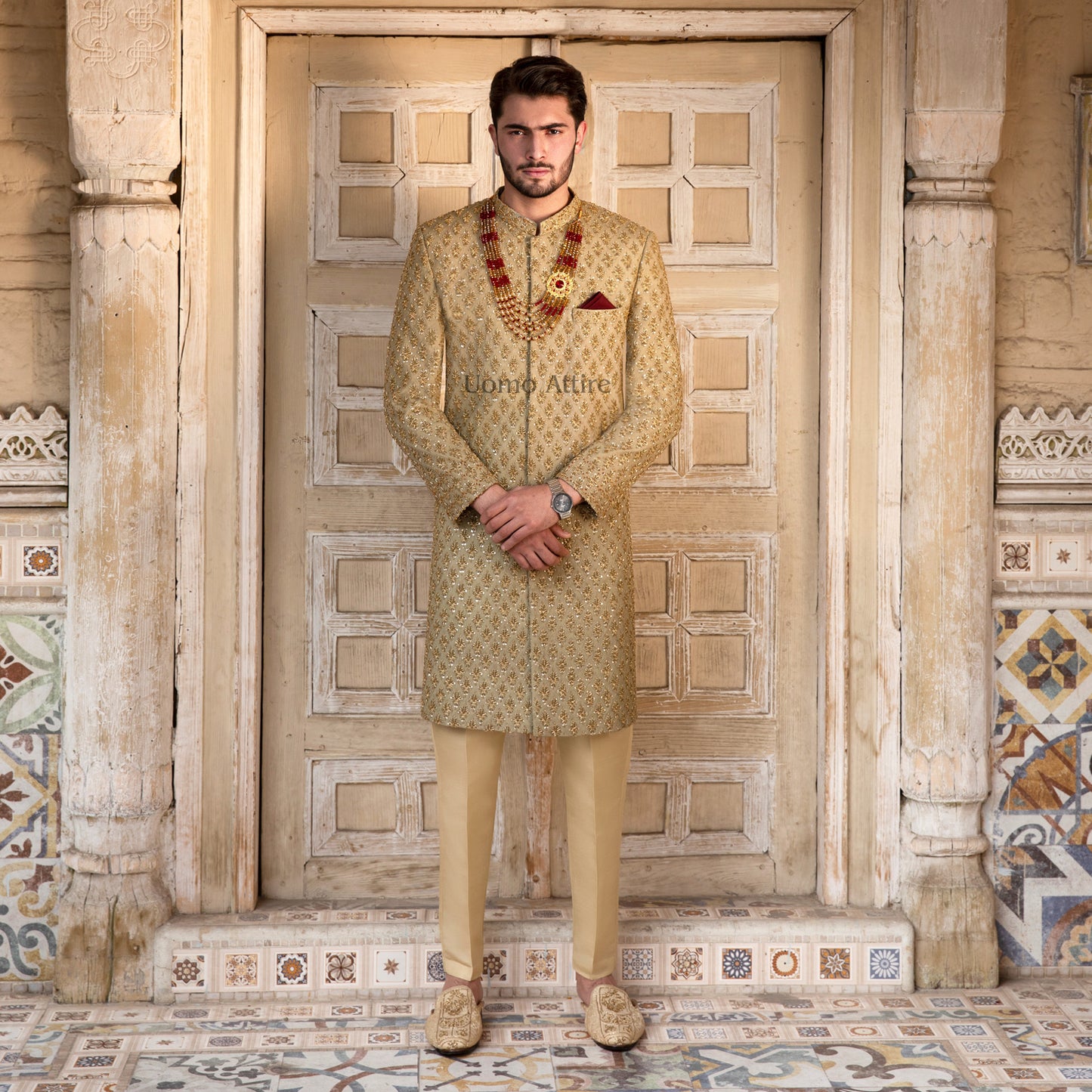 Exquisite Custom Light Green Sherwani  For Groom with Golden Embellishments