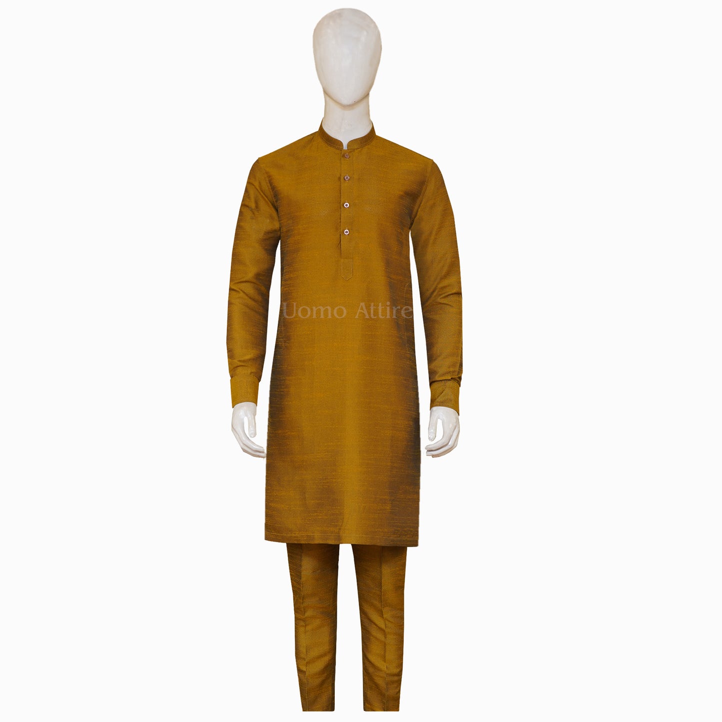 Stylish and Traditional Yellowish Orange Raw Silk Fabric Kurta Pajama for Men 1