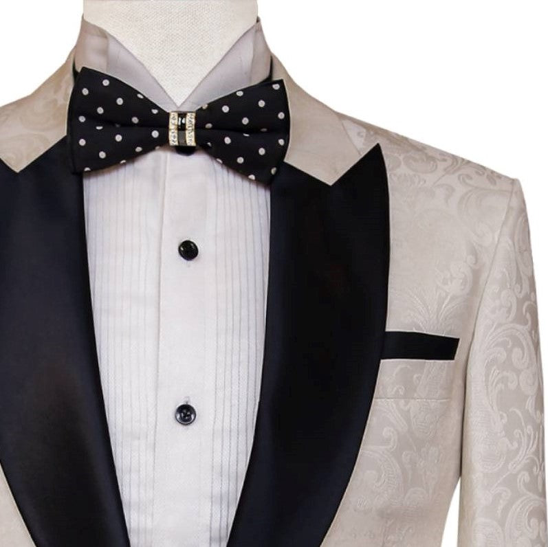 Tailor-made tuxedo 2 piece suit in self designed textured fabric, white tuxedo suit with peak lapel black satin shawl 2