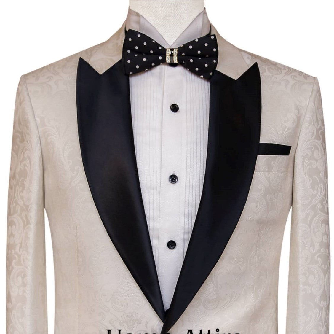 Tailor-made tuxedo 2 piece suit in self designed textured fabric, white tuxedo suit with peak lapel black satin shawl 3