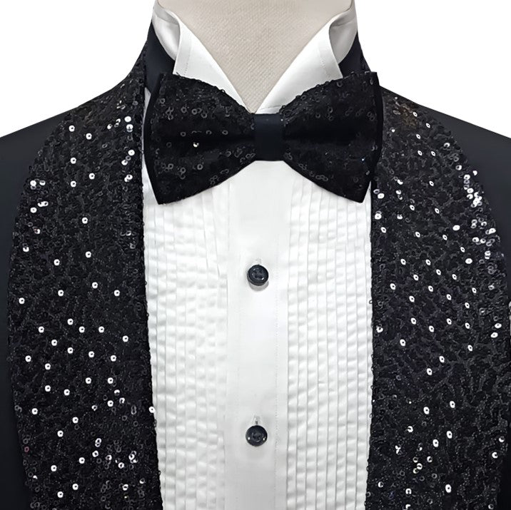 Tailor-made black tuxedo three piece suit with sequin fabric shawl, black tuxedo suit, black tuxedo suit with sequin fabric shawl lapel and single breasted vest