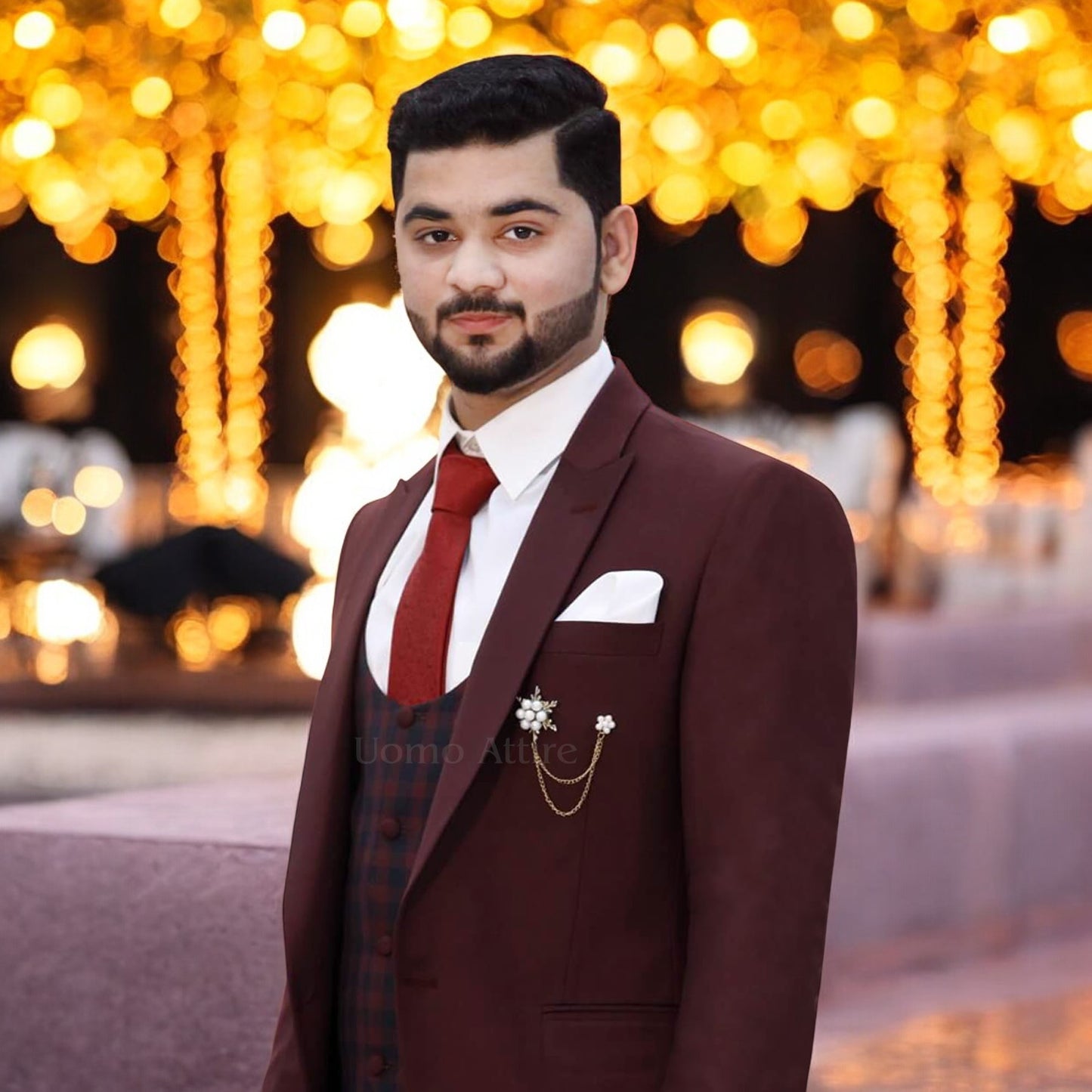Luxurious Maroon 3-Piece Suit with Checked Waistcoat