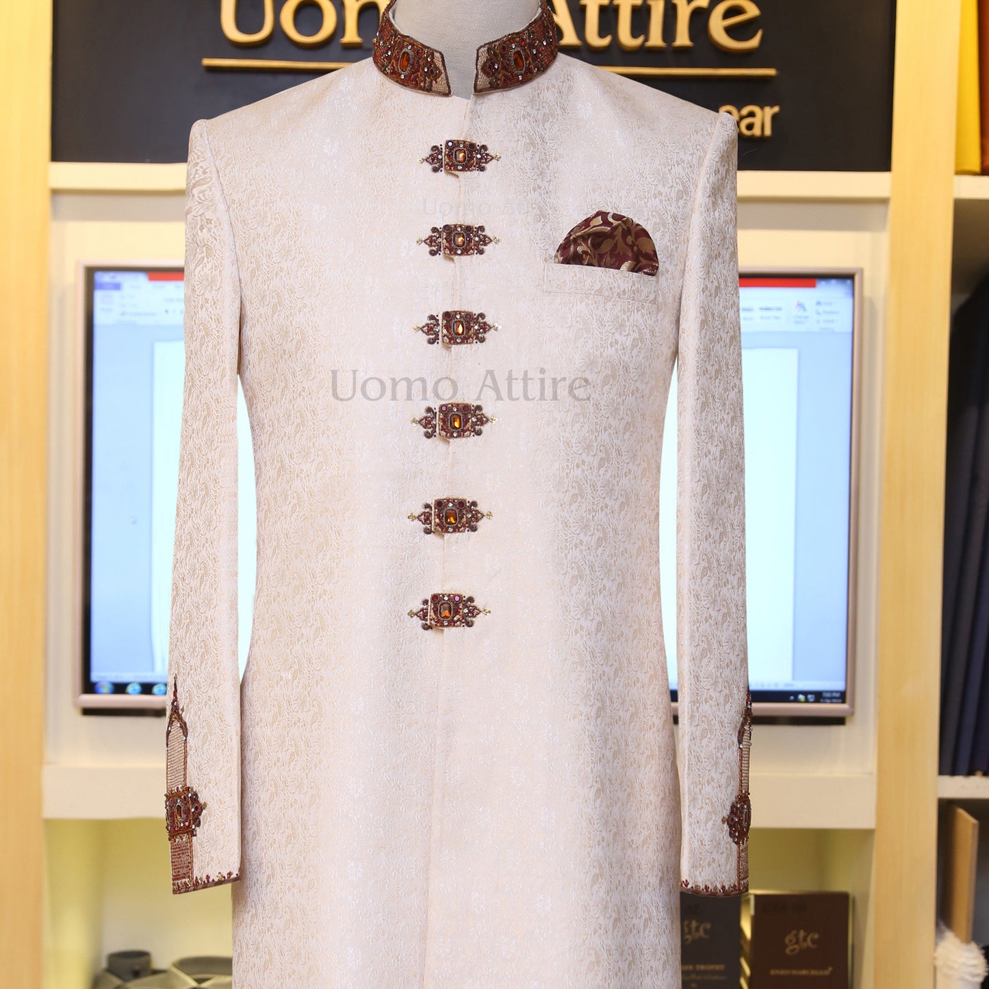 Rust gold single resham embellished sherwani