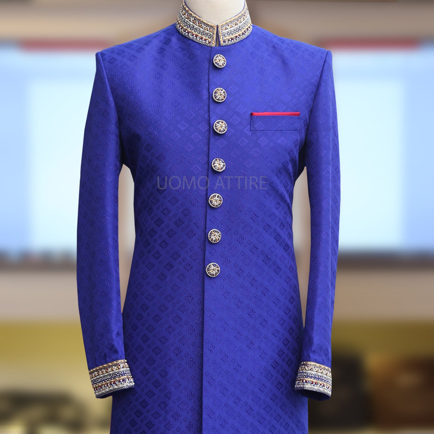 Blue self textured slim fit sherwani package