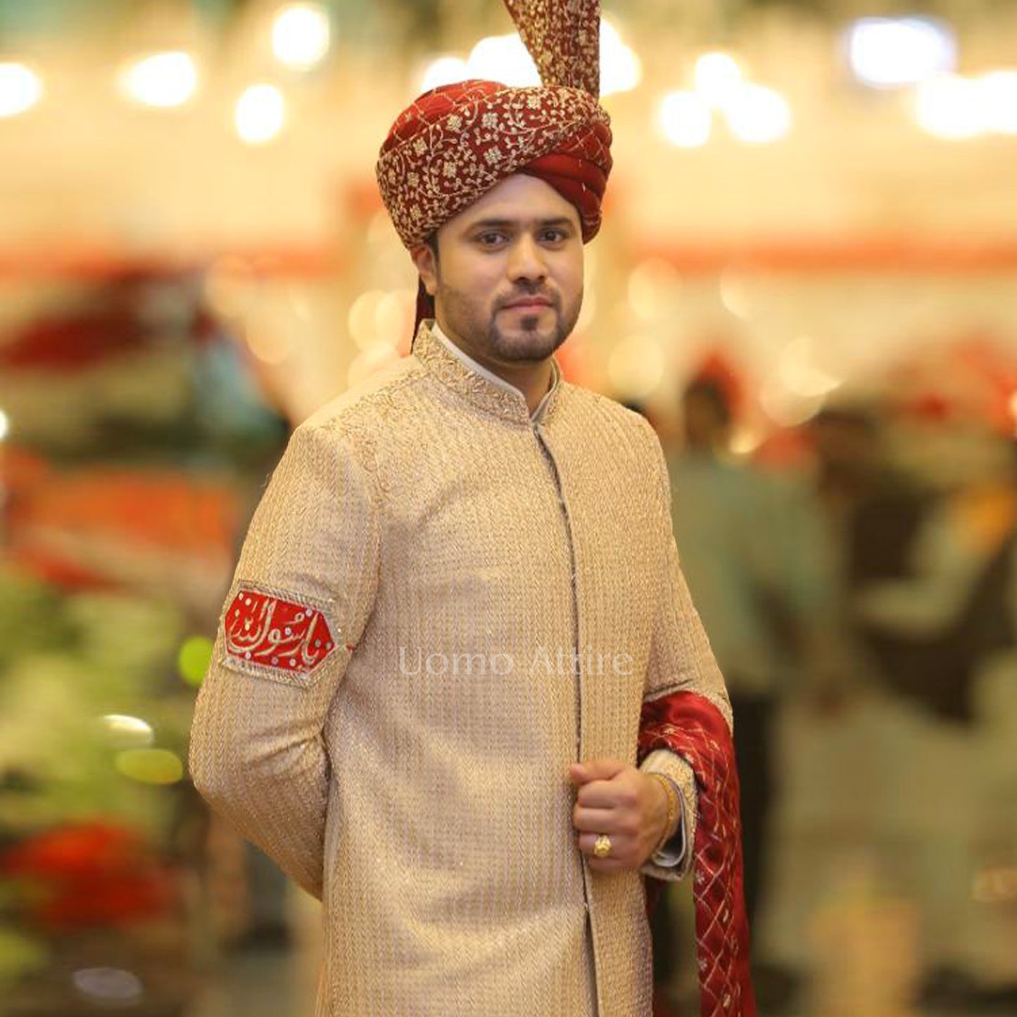 Luxury Custom-Made Beige Sherwani for Groom with Full Embellishments and Maroon Turban