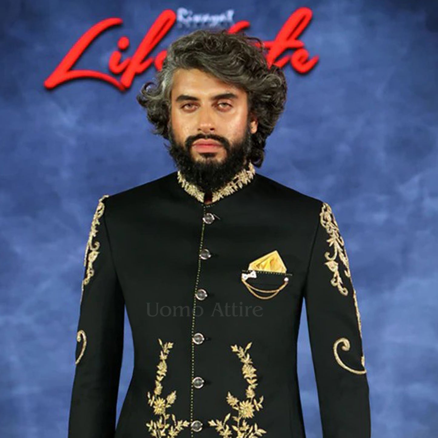 Black Prince Coat with Intricate Golden Embellishments - Perfect for Weddings